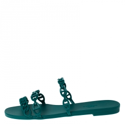 Pre Owned Hermes Green Rubber Rivage Chain Detail Slip On Flats Size 37