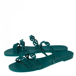 Pre Owned Hermes Green Rubber Rivage Chain Detail Slip On Flats Size 37