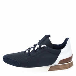 Hermes Blue Canvas And White/Tan Leather Miles Lace Up Sneaker Size 40