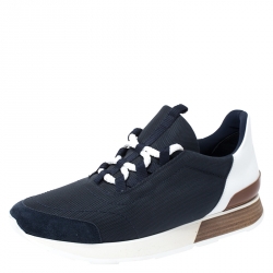 Hermes Blue Canvas And White/Tan Leather Miles Lace Up Sneaker Size 40
