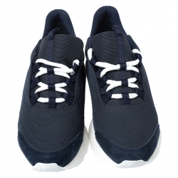 Hermes Blue Canvas And White/Tan Leather Miles Lace Up Sneaker Size 40