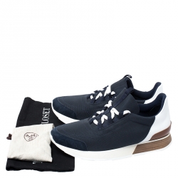 Hermes Blue Canvas And White/Tan Leather Miles Lace Up Sneaker Size 40