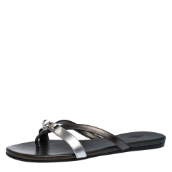 Hermes Metallic Silver/Black Leather Corfu Thong Sandals Size 37