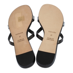 Hermes Metallic Silver/Black Leather Corfu Thong Sandals Size 37