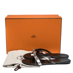 Hermes Metallic Silver/Black Leather Corfu Thong Sandals Size 37