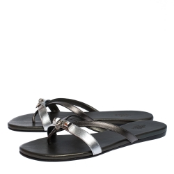 Hermes Metallic Silver/Black Leather Corfu Thong Sandals Size 37