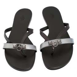 Hermes Metallic Silver/Black Leather Corfu Thong Sandals Size 37