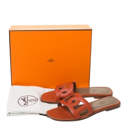 Pre Owned Hermes Orange Leather Omaha Flat Slides Size 39.5