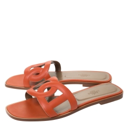 Pre Owned Hermes Orange Leather Omaha Flat Slides Size 39.5