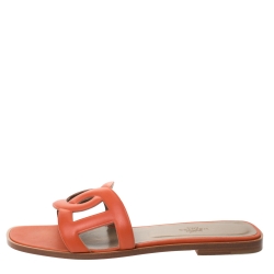 Pre Owned Hermes Orange Leather Omaha Flat Slides Size 39.5