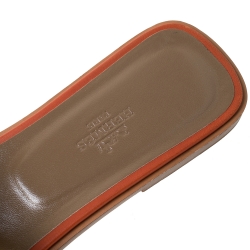 Pre Owned Hermes Orange Leather Omaha Flat Slides Size 39.5