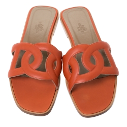 Pre Owned Hermes Orange Leather Omaha Flat Slides Size 39.5
