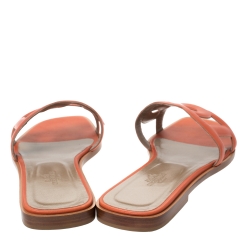 Pre Owned Hermes Orange Leather Omaha Flat Slides Size 39.5