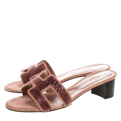 Hermes Brown Suede Pearl Embellished Oasis Open Toe Sandals Size 40