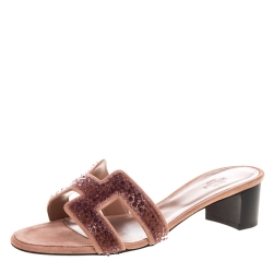 Hermes Brown Suede Pearl Embellished Oasis Open Toe Sandals Size 40