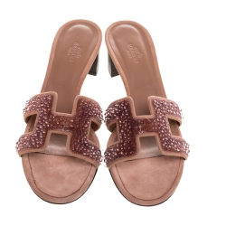 Hermes Brown Suede Pearl Embellished Oasis Open Toe Sandals Size 40