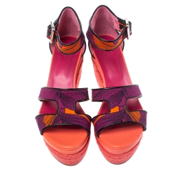 مملوكة مسبقًا Hermes Multicolor Printed Canvas Ilana Espadrille Wedge Platform Ankle Cuff Sandals Size 39