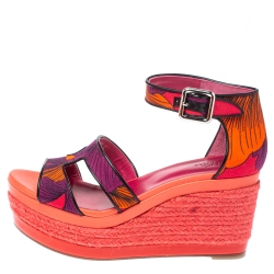 مملوكة مسبقًا Hermes Multicolor Printed Canvas Ilana Espadrille Wedge Platform Ankle Cuff Sandals Size 39