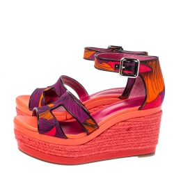 مملوكة مسبقًا Hermes Multicolor Printed Canvas Ilana Espadrille Wedge Platform Ankle Cuff Sandals Size 39