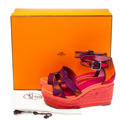 مملوكة مسبقًا Hermes Multicolor Printed Canvas Ilana Espadrille Wedge Platform Ankle Cuff Sandals Size 39