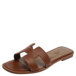 Pre Owned Hermes Brown Leather Oran Sandals Size 37