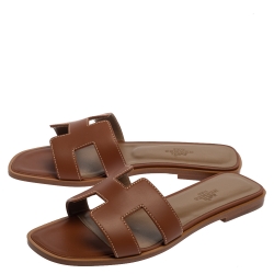 Pre Owned Hermes Brown Leather Oran Sandals Size 37