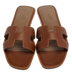 Pre Owned Hermes Brown Leather Oran Sandals Size 37