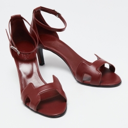 Pre Owned Hermes Burgundy Leather Night Ankle-Strap Sandals Size 39