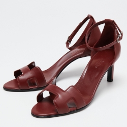 Pre Owned Hermes Burgundy Leather Night Ankle-Strap Sandals Size 39