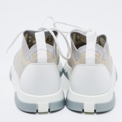 مملوكة مسبقًا Hermes Metallic Silver/Gold Knit Fabric and Leather Addict Sneakers Size 38.5