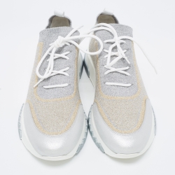 مملوكة مسبقًا Hermes Metallic Silver/Gold Knit Fabric and Leather Addict Sneakers Size 38.5