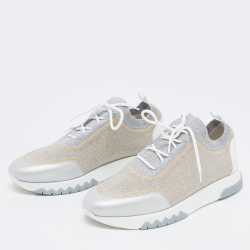 مملوكة مسبقًا Hermes Metallic Silver/Gold Knit Fabric and Leather Addict Sneakers Size 38.5