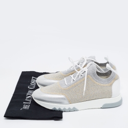 مملوكة مسبقًا Hermes Metallic Silver/Gold Knit Fabric and Leather Addict Sneakers Size 38.5