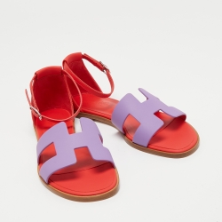 مملوكة مسبقًا Hermes Purple/Red Leather Santorini Ankle Strap Sandals Size 37