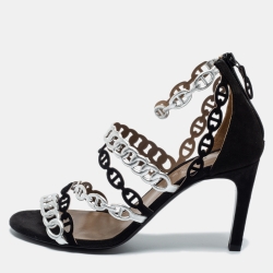 Hermes Black/Silver Suede and Leather Chaine D'ancre Sandals Size 38