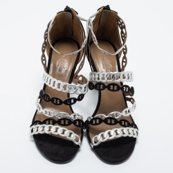 Hermes Black/Silver Suede and Leather Chaine D'ancre Sandals Size 38