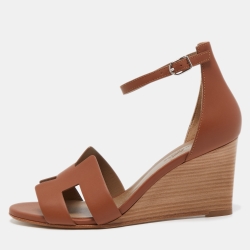 Pre Owned Hermes Brown Leather Legend Wedge Sandals Size 38.5