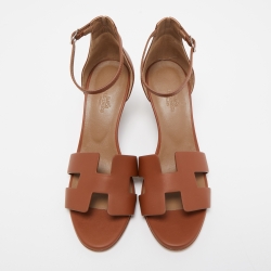 Pre Owned Hermes Brown Leather Legend Wedge Sandals Size 38.5
