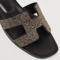 Hermes Gold/Black Suede And Glitter Oran Slide Flats Size 38 