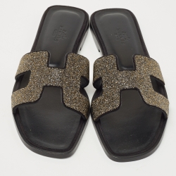 Hermes Gold/Black Suede And Glitter Oran Slide Flats Size 38 