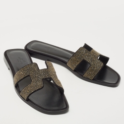 Hermes Gold/Black Suede And Glitter Oran Slide Flats Size 38 