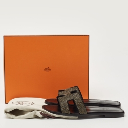 Hermes Gold/Black Suede And Glitter Oran Slide Flats Size 38 