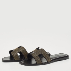Hermes Gold/Black Suede And Glitter Oran Slide Flats Size 38 