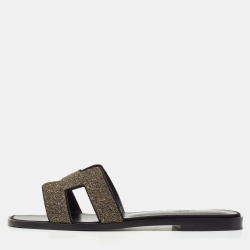 Hermes Gold/Black Suede And Glitter Oran Slide Flats Size 38 