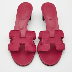 Pre Owned Hermes  Red Calf Hair Oasis Slide Sandals Size 38