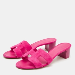 Pre Owned Hermes Pink Suede Oasis Slide Sandals Size 37.5