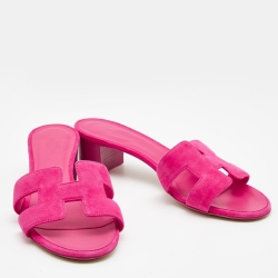 Pre Owned Hermes Pink Suede Oasis Slide Sandals Size 37.5