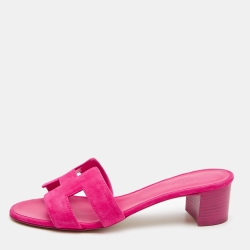 Pre Owned Hermes Pink Suede Oasis Slide Sandals Size 37.5