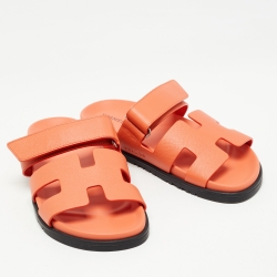 Pre Owned Hermes Orange Leather Chypre  Sandals Size 39.5