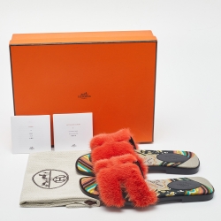 Pre Owned Hermes Orange Mink Fur Oran Flat Slides Size 37.5